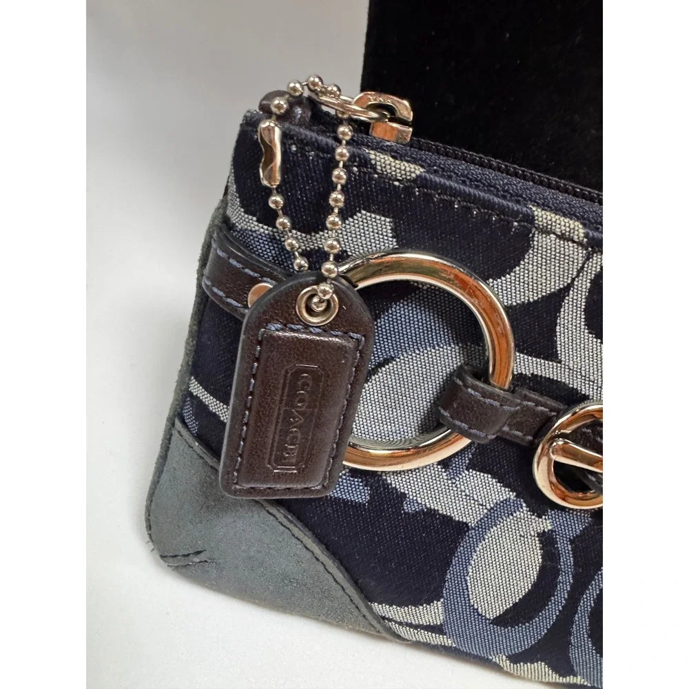 Coach Signature Jacquard Wristlet Blue Grey Monogram Buckle Detail Pouch